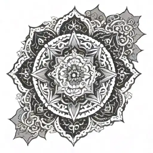 An intricate mandala design representing spirituality and life intertwined, with elements symbolizing different aspects of existence tattoo design idea