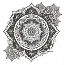 An intricate mandala design representing spirituality and life intertwined, with elements symbolizing different aspects of existence tattoo design idea