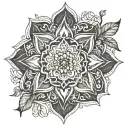 An intricate mandala design representing spirituality and life intertwined, with elements symbolizing different aspects of existence tattoo design idea