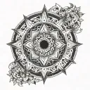 An intricate mandala design representing spirituality and life intertwined, with elements symbolizing different aspects of existence tattoo design idea