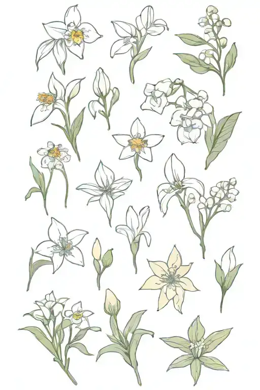 Snowdrop( January), Daisy (March), Lily of the Valley (May)  Rose (June), Larkspur(July), Aster (September), Narcissus ( tattoo design idea