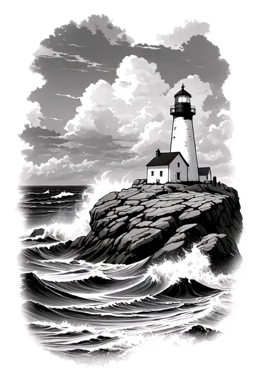 lighthouse on top of rocks with waves crashing on the rocks tattoo design idea