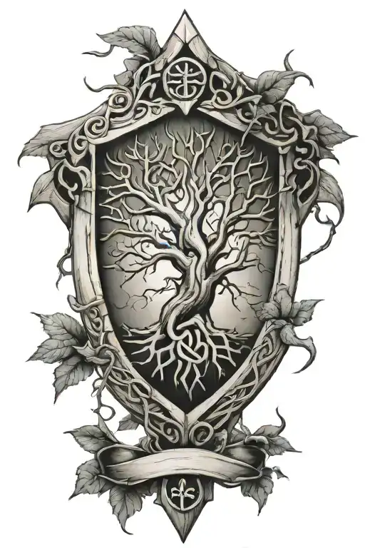 cracked wooden shield with celtic tree of life crest and overgrowth of branches reaching in all directions tattoo design idea
