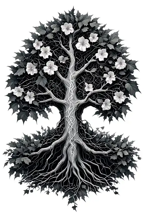 tree of life where half of the tree looks like electrical circuits, with holly hocks areiud the base tattoo design idea