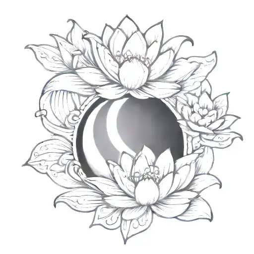 waning crescent moon, water lily flower tattoo design idea