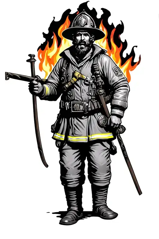 Saint Florian firefighter with burning house tattoo design idea