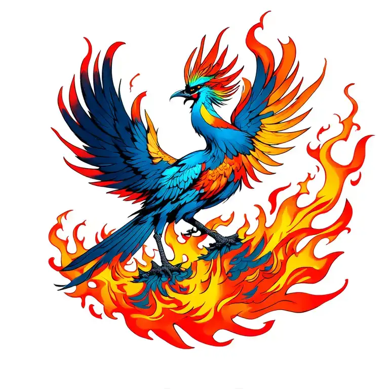flames at waist height a phoenix rising wings spread across shoulders the head up neck feathers around neck full back tattoo design idea