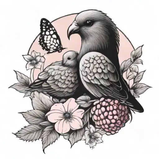 raspberries, flowers, candy, beach scene, 1 pink dove in the sky tattoo design idea