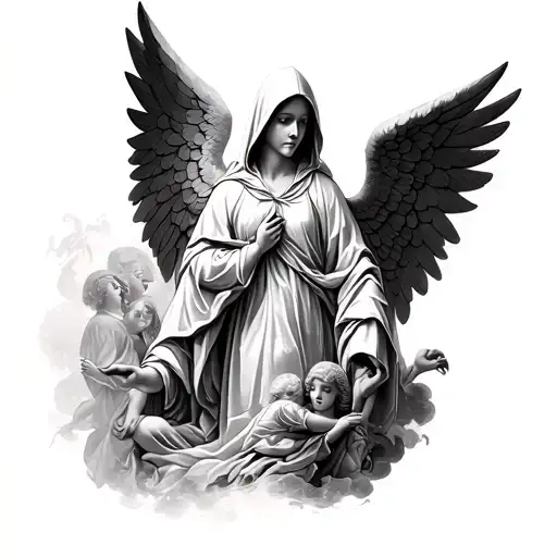 Black and White hooded guardian angel main with other angelic refferences connected for my entire back tattoo tattoo design idea