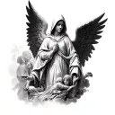 Black and White hooded guardian angel main with other angelic refferences connected for my entire back tattoo tattoo design idea