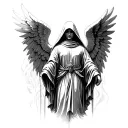 Black and White hooded guardian angel main with other angelic refferences connected for my entire back tattoo tattoo design idea
