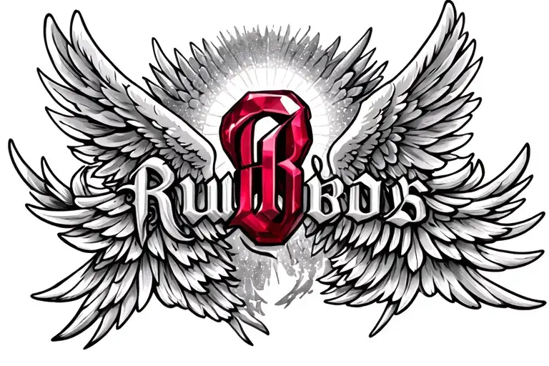 ruby name with angel wings spread wide and halo  tattoo design idea