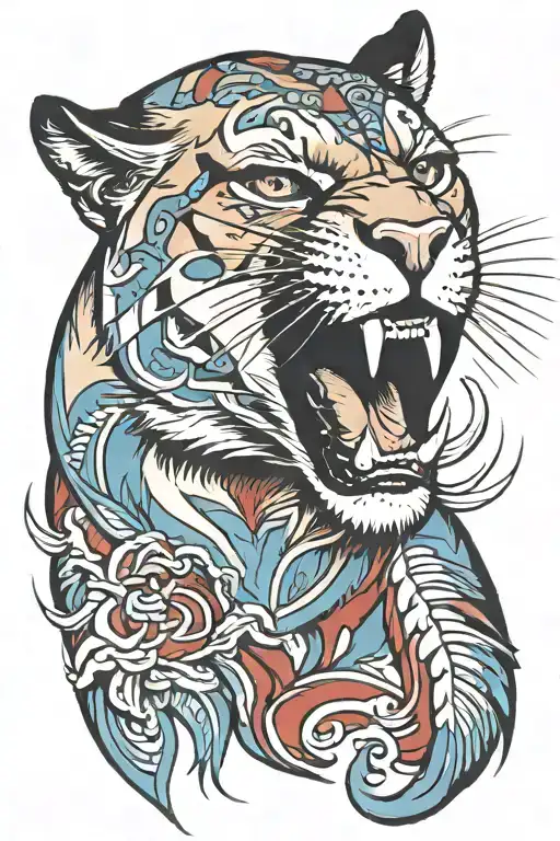 Cougar in red and blue tones tattoo design idea