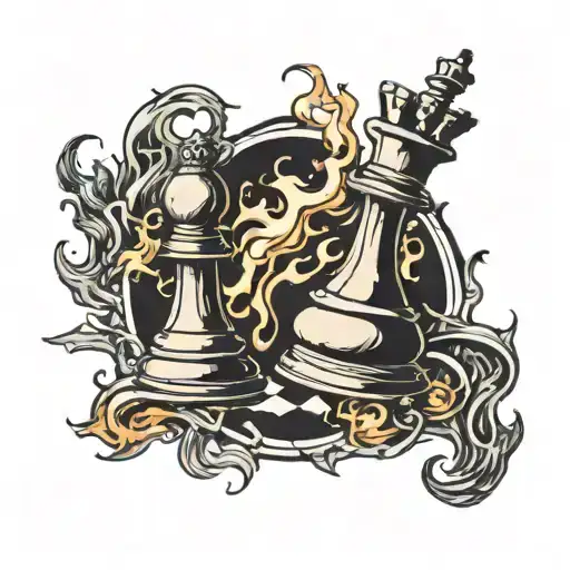 A gothic-inspired chess piece engulfed in flames, representing the fiery determination and cunning nature of a criminal mind tattoo design idea