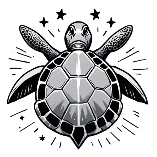 Fine turtle with shell and stars above, in a linear and symmetrical way tattoo design idea