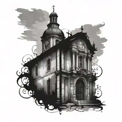 street and church with clock in roman numerals tattoo design idea