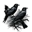 4 crows with trees and cloudy lightning storm  tattoo design idea