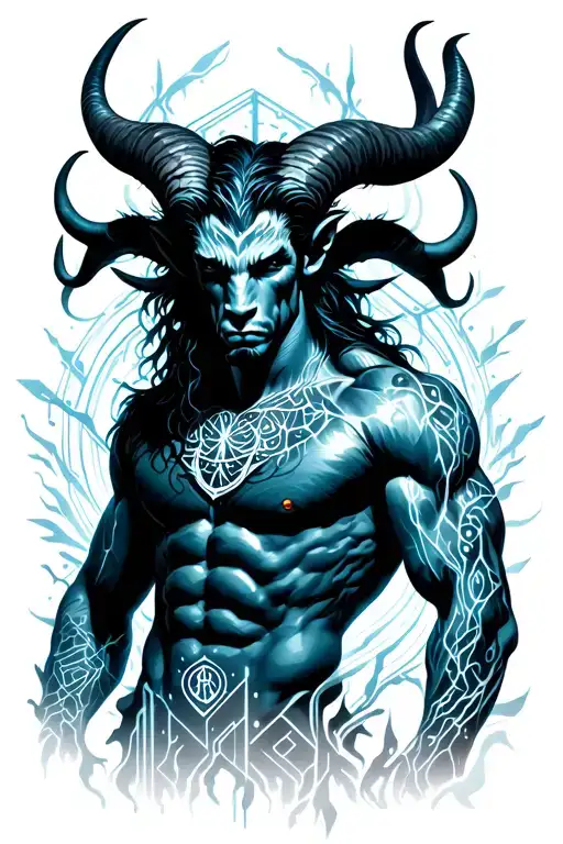 Muscular male horned satyr with bodybuilder muscles surrounded by tribal patterns of roots, branches, veins. Nature. tattoo design idea
