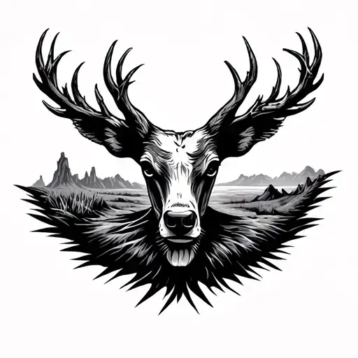 “Tall, skinny vertical tattoo design inspired by the Badlands of western North Dakota, black and grey only. Dramatic ero tattoo design idea