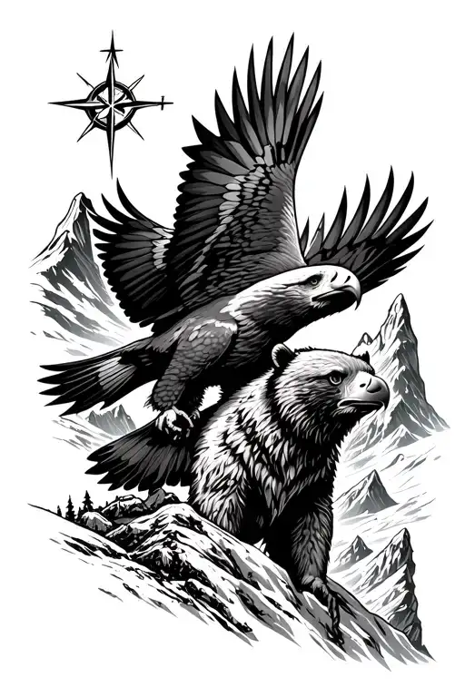 mountain range back ground eagle soaring with compass in his beak pointing at north star bear climbing mountain at night tattoo design idea