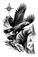 mountain range back ground eagle soaring with compass in his beak pointing at north star bear climbing mountain at night tattoo design idea