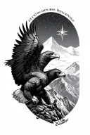mountain range back ground eagle soaring with compass in his beak pointing at north star bear climbing mountain at night tattoo design idea