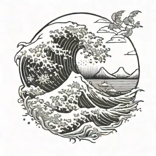 the great wave off kanagawa but with a beach theme and palm trees tattoo design idea