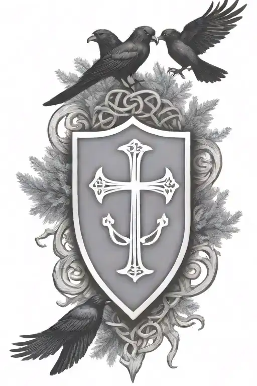 Rooker Family Crest with a celtic cross in a circle as a shield surrounded by cedar trees with  6 Crows tattoo design idea