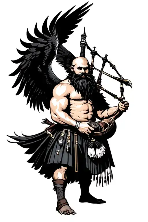 muscular bagpiper bald black beard black huge wings on his back playing the bagpipes flying crow with claws tattoo design idea