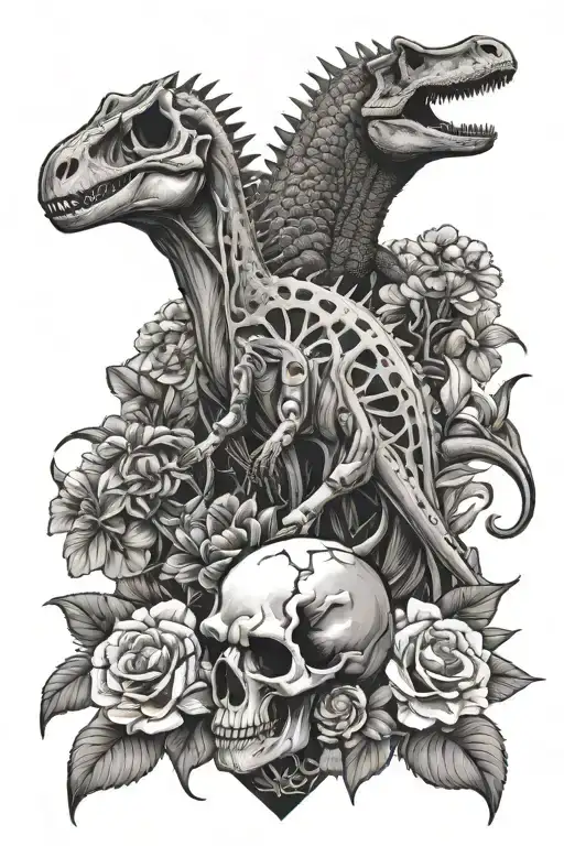 a BRACHIOSAURUS skull, trex skull, VELOCIRAPTOR skull, TRICERATOPS skull and a ANKYLOSAURUS skull surrounded by flowers  tattoo design idea