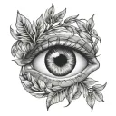 semi realistic eye surrounded laurel wreath wrapped tattoo design idea