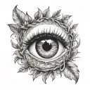semi realistic eye surrounded laurel wreath wrapped tattoo design idea