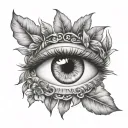 semi realistic eye surrounded laurel wreath wrapped tattoo design idea