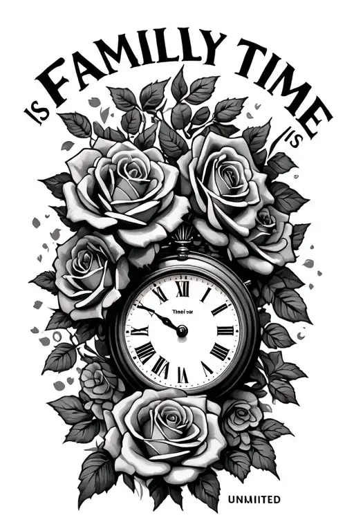 "Family time is unlimited " a road going into a clock surrounded by roses tattoo design idea