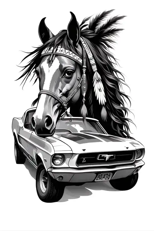 Native American lady head, wild horse, 1964 Mustang tattoo design idea