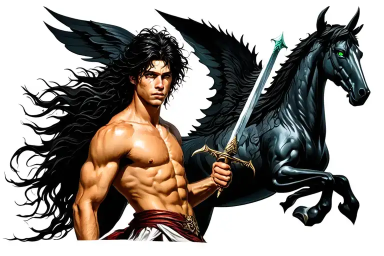 Percy Jackson, a Greek demigod with messy black hair, sea-green eyes, and olive skin with a pen-sword on a black pegasus tattoo design idea