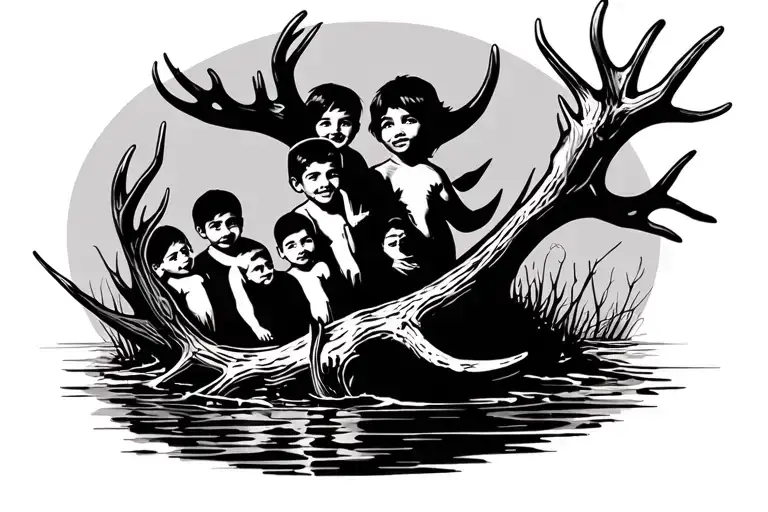 antler and fishing hook with 6 children  tattoo design idea