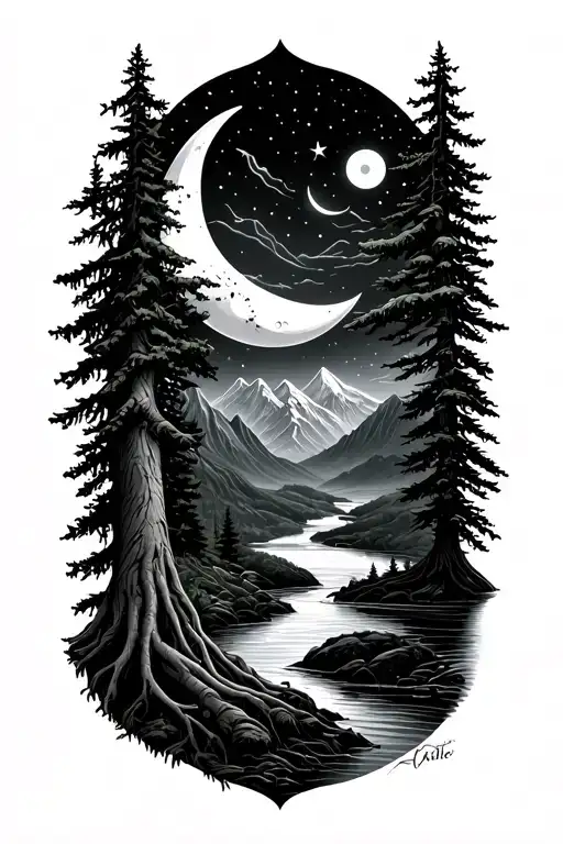 Crescent moon, tree of life, roots, mountain, pine tree, creek, magical tattoo design idea