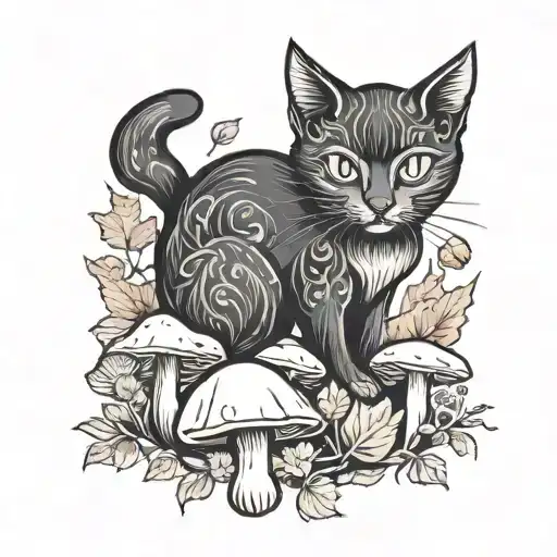 black cat in mushrooms and fall foliage like one side tattoo design idea
