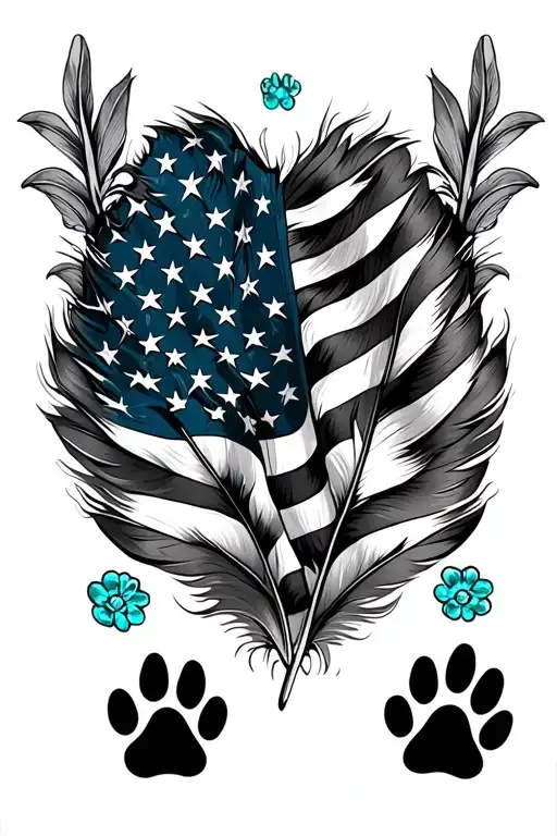feathers with 2 dog black paw prints, american flag,and turquoise western jewelry, flowers, aztec pattern tattoo design idea
