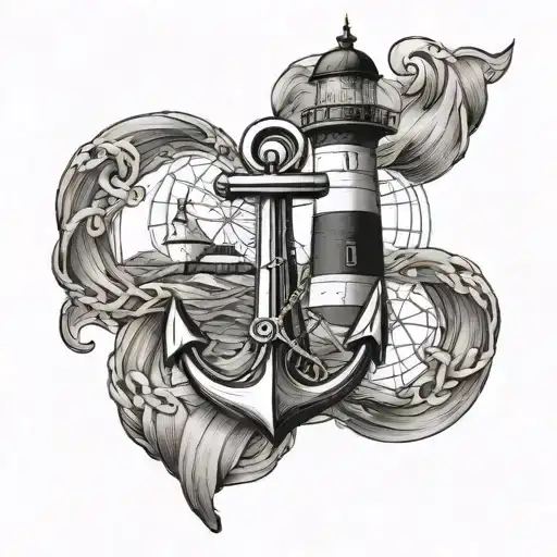 anchor, sea, lighthouse and wind rose tattoo design idea
