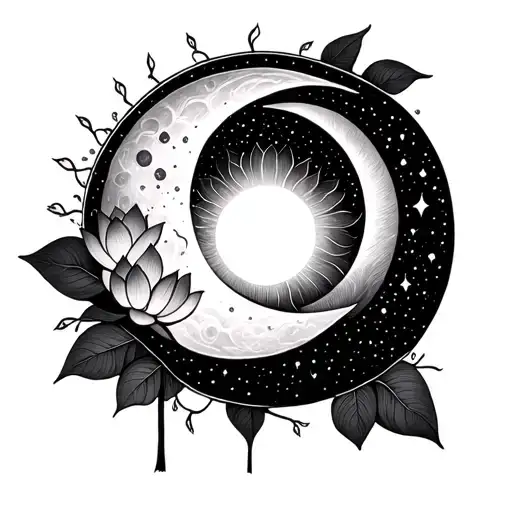 sun and moon, lotus flower, tree of life, dream catches tattoo design idea