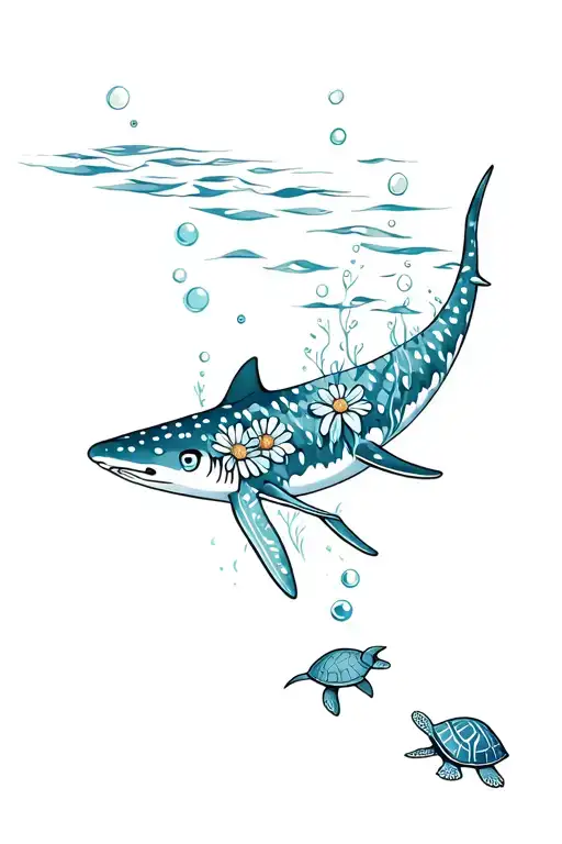 ocean, whale shark with a few flowers on it, manta ray, and turtle, water lines and a few bubbles tattoo design idea