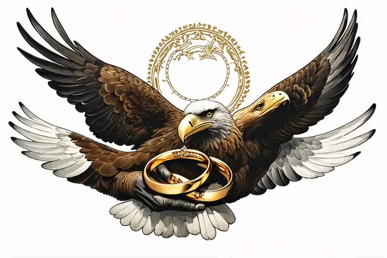flying eagle holding interlocking wedding rings tattoo design idea