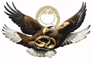 flying eagle holding interlocking wedding rings tattoo design idea