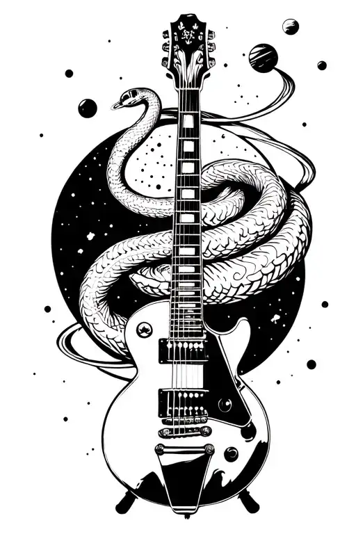 Les Paul guitar with snake wrapped, and planets orbiting tattoo design idea