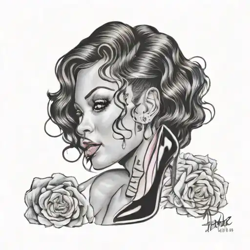 Rihanna with high heel pumps and pink lipstick kiss mark tattoo design idea