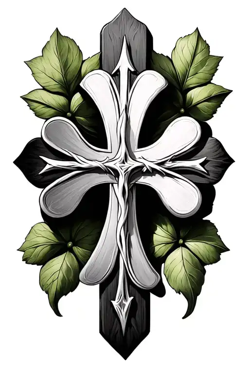 Concept: A realistic holy cross where each end morphs into a single clover leaf, so that all four together form a comple tattoo design idea