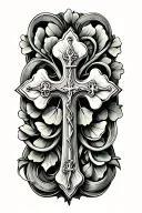 Concept: A realistic holy cross where each end morphs into a single clover leaf, so that all four together form a comple tattoo design idea
