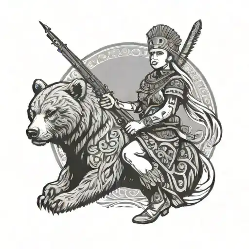 A Slavic warrior princess riding a bear and wielding an AK-47 rifle, adorned with traditional kokoshnik headpiece tattoo design idea